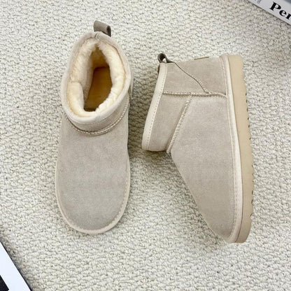 Damen-Winterschuhe mit dicken Sohlen, hochwertiges echtes Fell, Leder-Obermaterial, verdickte fleecewarme Futterung, kurz geschnitten, rutschfeste Freizeit-Stiefel für kaltes Wetter