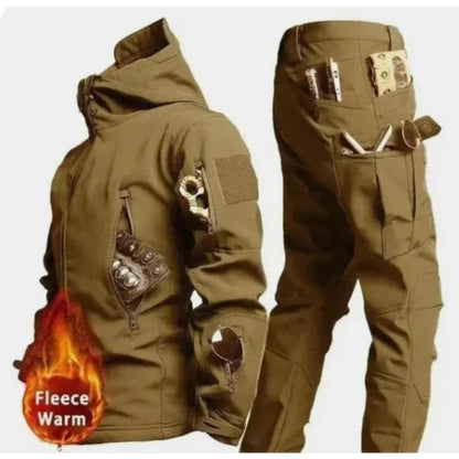 Herren Camouflage Fleece Jacke und Hose Set, Winddicht, Wind-resistant and water-resistant,Reißfest, Hohe Qualität, Weich mit mehreren Taschen, Kapuzen Design, Perfekt, 2 Pcs