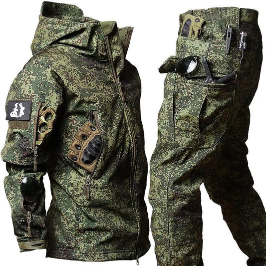 Herren Camouflage Fleece Jacke und Hose Set, Winddicht, Wind-resistant and water-resistant,Reißfest, Hohe Qualität, Weich mit mehreren Taschen, Kapuzen Design, Perfekt, 2 Pcs