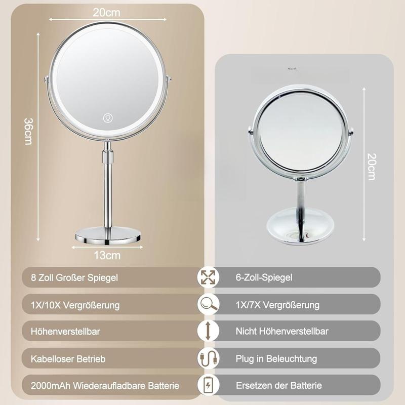 Schminkspiegel mit Beleuchtung, Kosmetikspiegel Vergrößerungsspiegel Mit Licht 10X - Make-up-Spiegel für Präzision, Doppelseitig Vergrößerung 8" 2000mAh 3 Farben Beleuchtungsmodi, Rund 360° Drehbar mirror