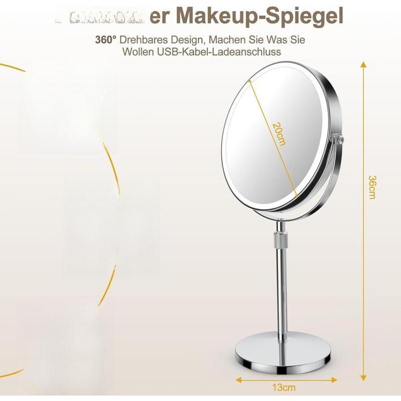 Schminkspiegel mit Beleuchtung, Kosmetikspiegel Vergrößerungsspiegel Mit Licht 10X - Make-up-Spiegel für Präzision, Doppelseitig Vergrößerung 8" 2000mAh 3 Farben Beleuchtungsmodi, Rund 360° Drehbar mirror