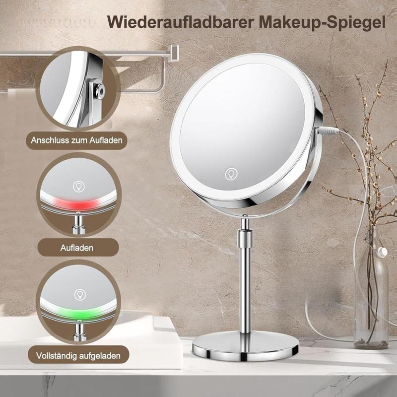 Schminkspiegel mit Beleuchtung, Kosmetikspiegel Vergrößerungsspiegel Mit Licht 10X - Make-up-Spiegel für Präzision, Doppelseitig Vergrößerung 8" 2000mAh 3 Farben Beleuchtungsmodi, Rund 360° Drehbar mirror