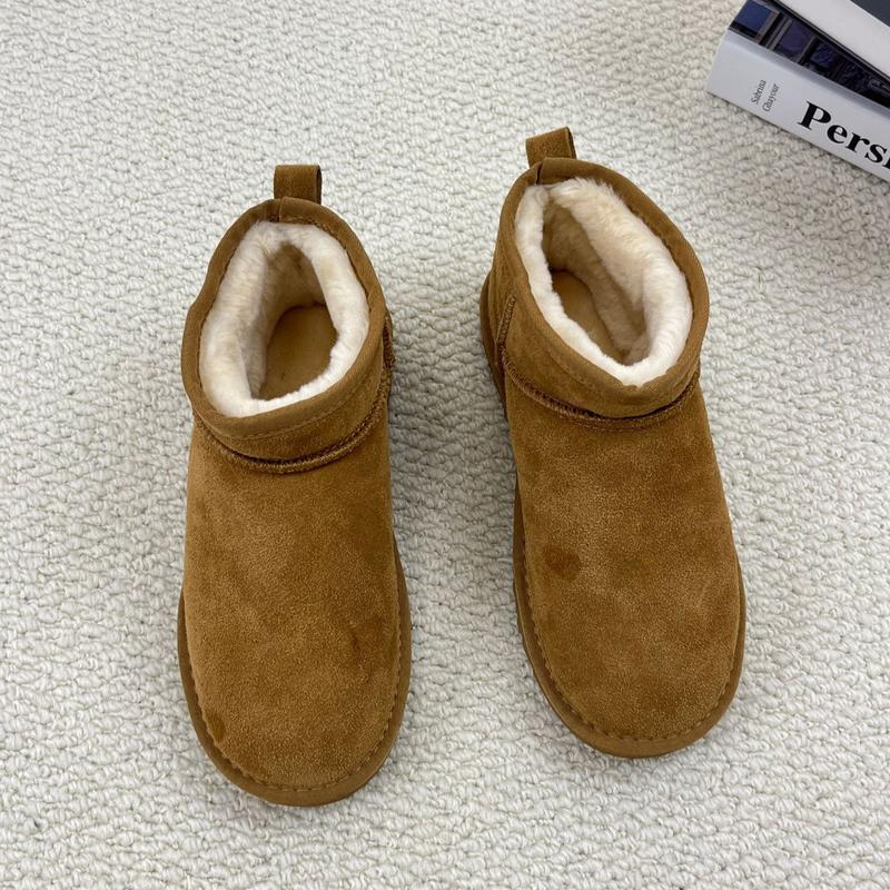 Damen-Winterschuhe mit dicken Sohlen, hochwertiges echtes Fell, Leder-Obermaterial, verdickte fleecewarme Futterung, kurz geschnitten, rutschfeste Freizeit-Stiefel für kaltes Wetter