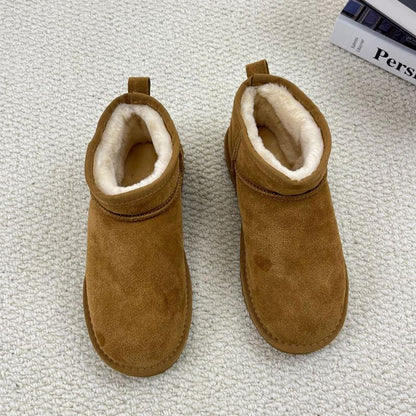 Damen-Winterschuhe mit dicken Sohlen, hochwertiges echtes Fell, Leder-Obermaterial, verdickte fleecewarme Futterung, kurz geschnitten, rutschfeste Freizeit-Stiefel für kaltes Wetter