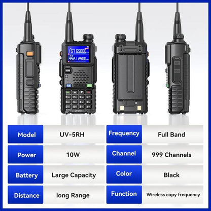 UV5RH 10W Zwei-Wege-Funkgerät, 6 Frequenzbänder, USB-Transceiver, Reichweite 5 km