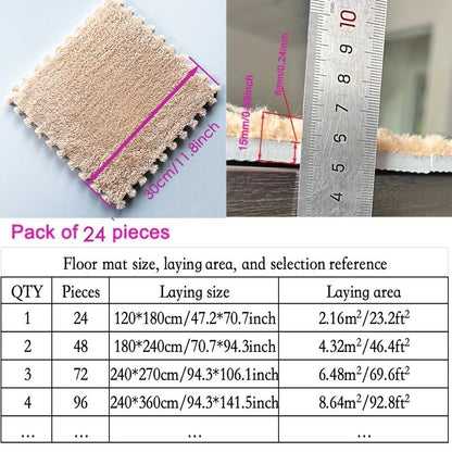 24（12+12）-teiliges Teppichset mit langen Fasern, waschbarer Bodenmatte für Schlafzimmer & Wohnzimmer, für Zuhause, 6mm EVA-Schaumbasis, Teppichmatte