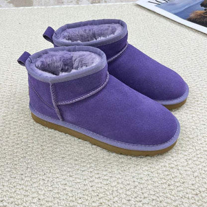 Damen-Winterschuhe mit dicken Sohlen, hochwertiges echtes Fell, Leder-Obermaterial, verdickte fleecewarme Futterung, kurz geschnitten, rutschfeste Freizeit-Stiefel für kaltes Wetter