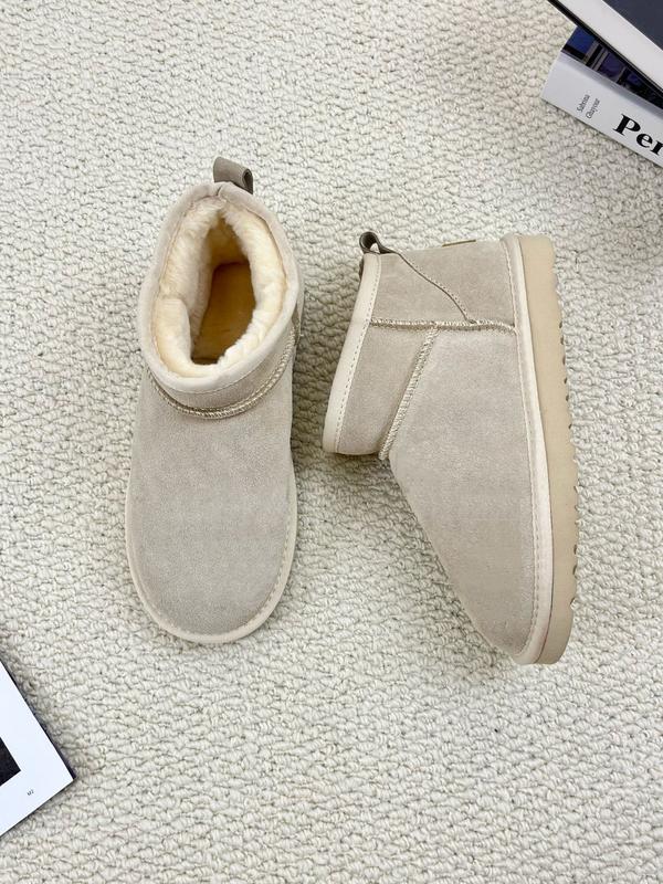 Damen-Winterschuhe mit dicken Sohlen, hochwertiges echtes Fell, Leder-Obermaterial, verdickte fleecewarme Futterung, kurz geschnitten, rutschfeste Freizeit-Stiefel für kaltes Wetter