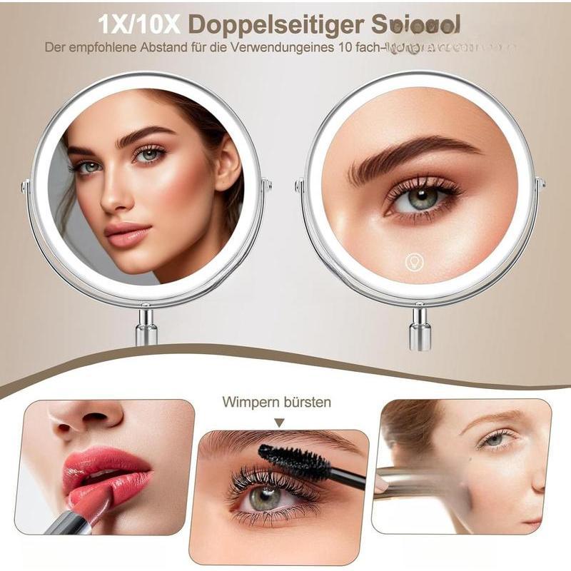 Schminkspiegel mit Beleuchtung, Kosmetikspiegel Vergrößerungsspiegel Mit Licht 10X - Make-up-Spiegel für Präzision, Doppelseitig Vergrößerung 8" 2000mAh 3 Farben Beleuchtungsmodi, Rund 360° Drehbar mirror