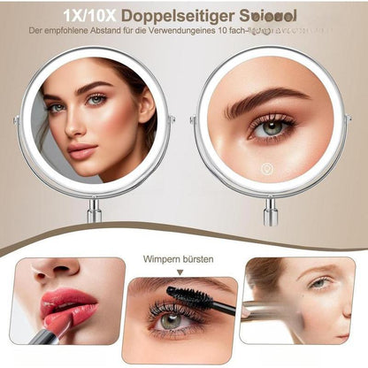 Schminkspiegel mit Beleuchtung, Kosmetikspiegel Vergrößerungsspiegel Mit Licht 10X - Make-up-Spiegel für Präzision, Doppelseitig Vergrößerung 8" 2000mAh 3 Farben Beleuchtungsmodi, Rund 360° Drehbar mirror