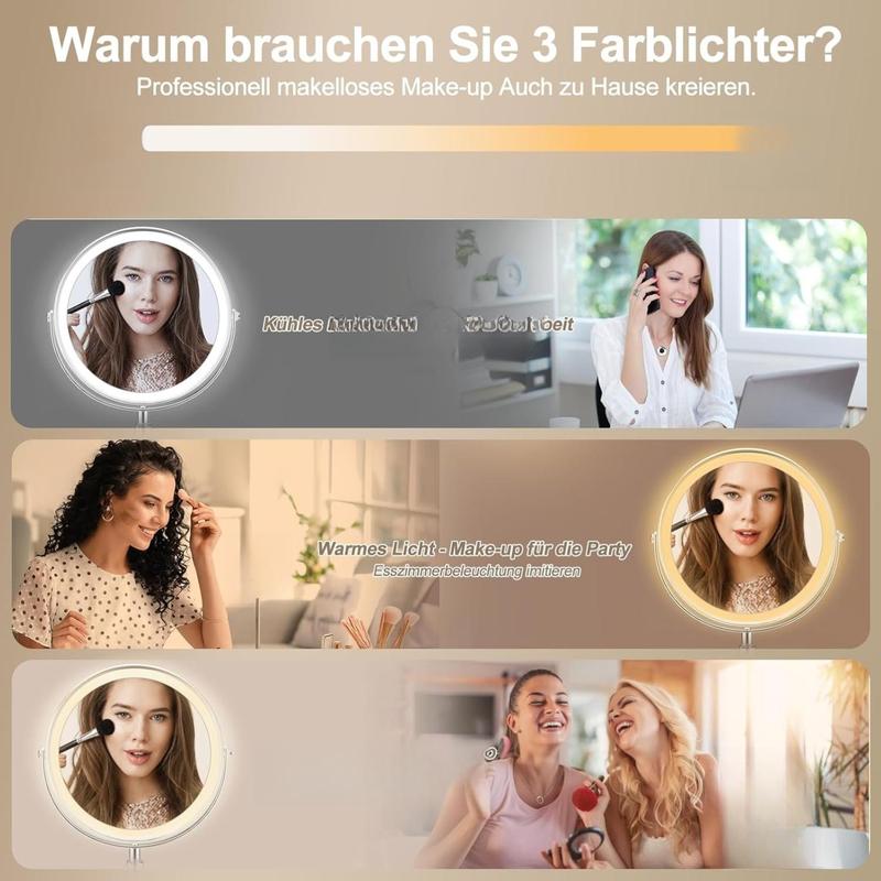 Schminkspiegel mit Beleuchtung, Kosmetikspiegel Vergrößerungsspiegel Mit Licht 10X - Make-up-Spiegel für Präzision, Doppelseitig Vergrößerung 8" 2000mAh 3 Farben Beleuchtungsmodi, Rund 360° Drehbar mirror