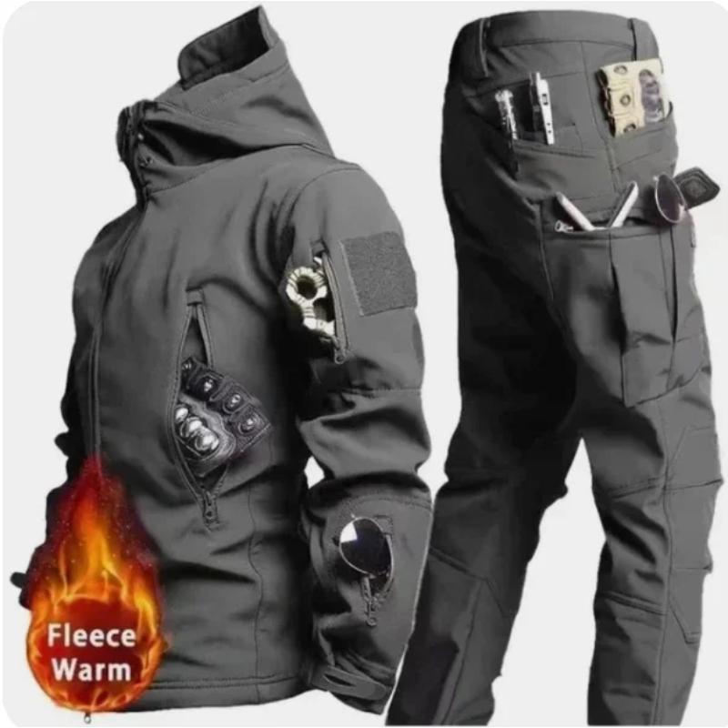 Herren Camouflage Fleece Jacke und Hose Set, Winddicht, Wind-resistant and water-resistant,Reißfest, Hohe Qualität, Weich mit mehreren Taschen, Kapuzen Design, Perfekt, 2 Pcs