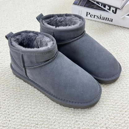 Damen-Winterschuhe mit dicken Sohlen, hochwertiges echtes Fell, Leder-Obermaterial, verdickte fleecewarme Futterung, kurz geschnitten, rutschfeste Freizeit-Stiefel für kaltes Wetter