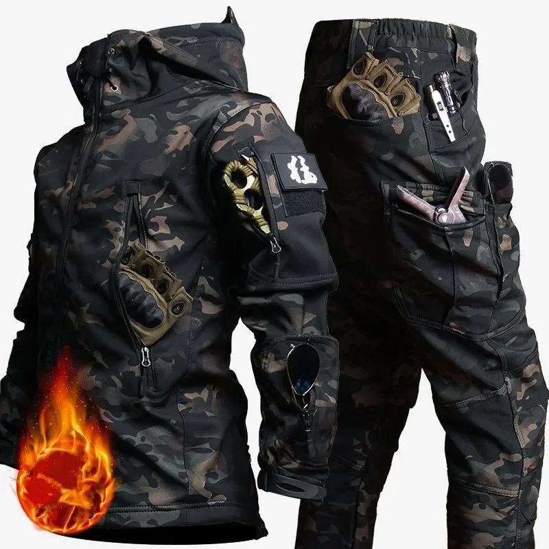 Herren Camouflage Fleece Jacke und Hose Set, Winddicht, Wind-resistant and water-resistant,Reißfest, Hohe Qualität, Weich mit mehreren Taschen, Kapuzen Design, Perfekt, 2 Pcs